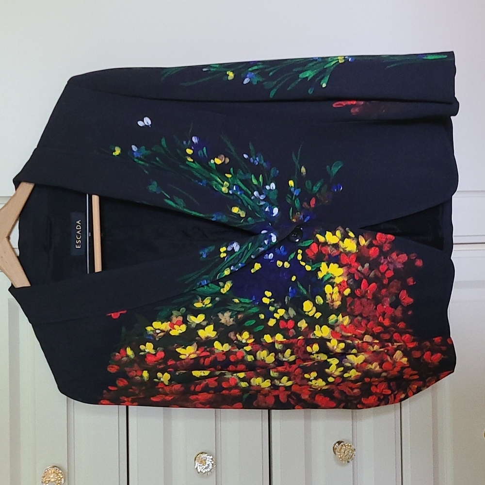 Escada Black Blazer with Vibrant Floral Accents